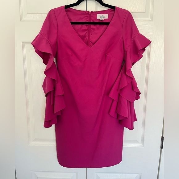 Badgley Mischka Belle Pink Ruffle Bell Sleeves V-Neck Cocktail Dress Size 2 - Picture 2 of 10